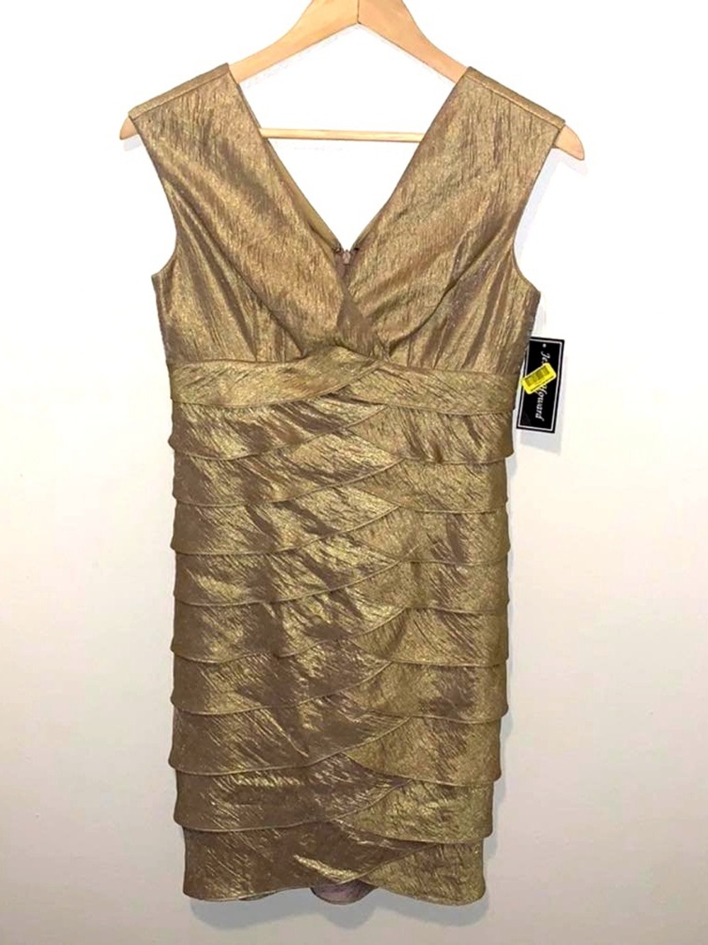 Vintage 90s Jessica Howard Metallic Mini Dress V Neck Tiered Sleeveless Gold 4P